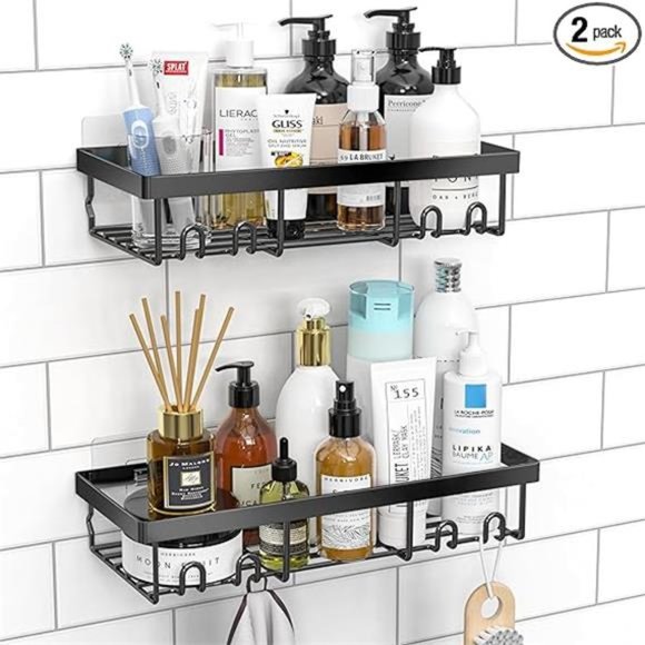 Shower Caddy Shelf Organizer Rack, Self Adhesive Black Bathroom Shelves, Home - Picture 8 of 8